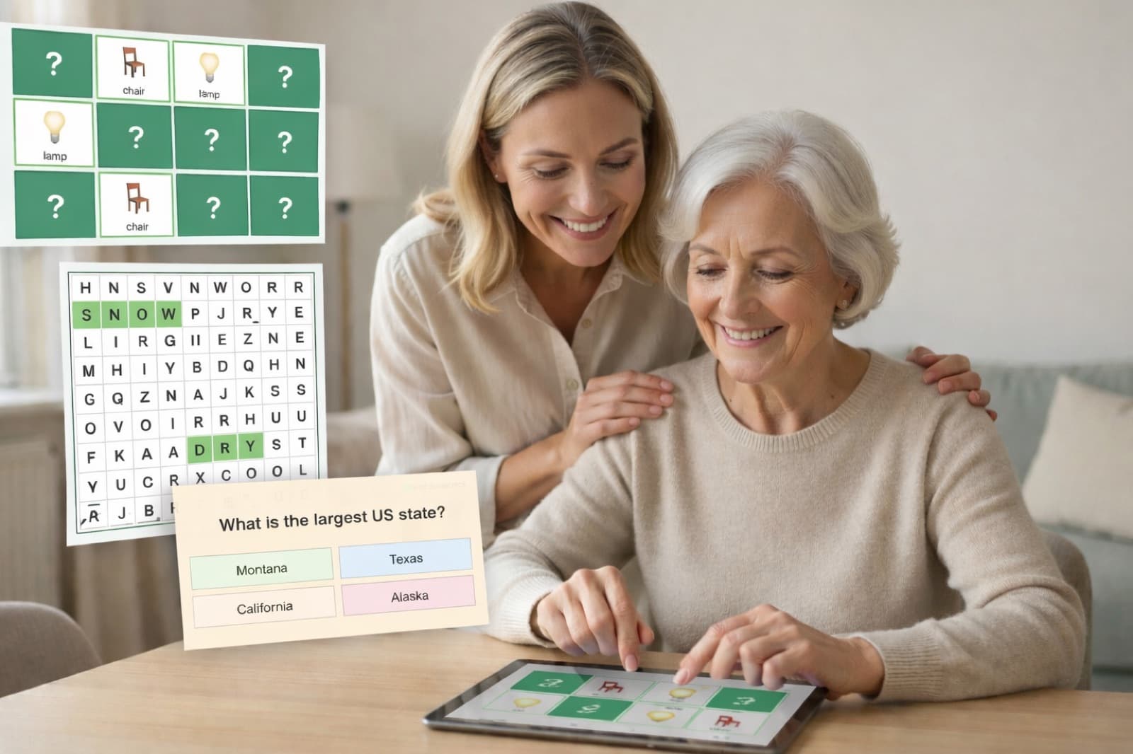 A daughter and her mother smiling while playing BrainFunHub games on a tablet