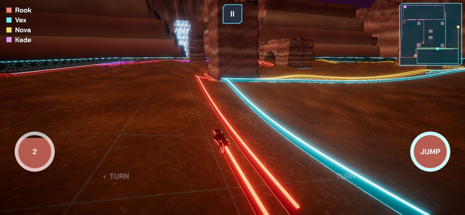 High chase camera following a rider between light walls in High Canyon