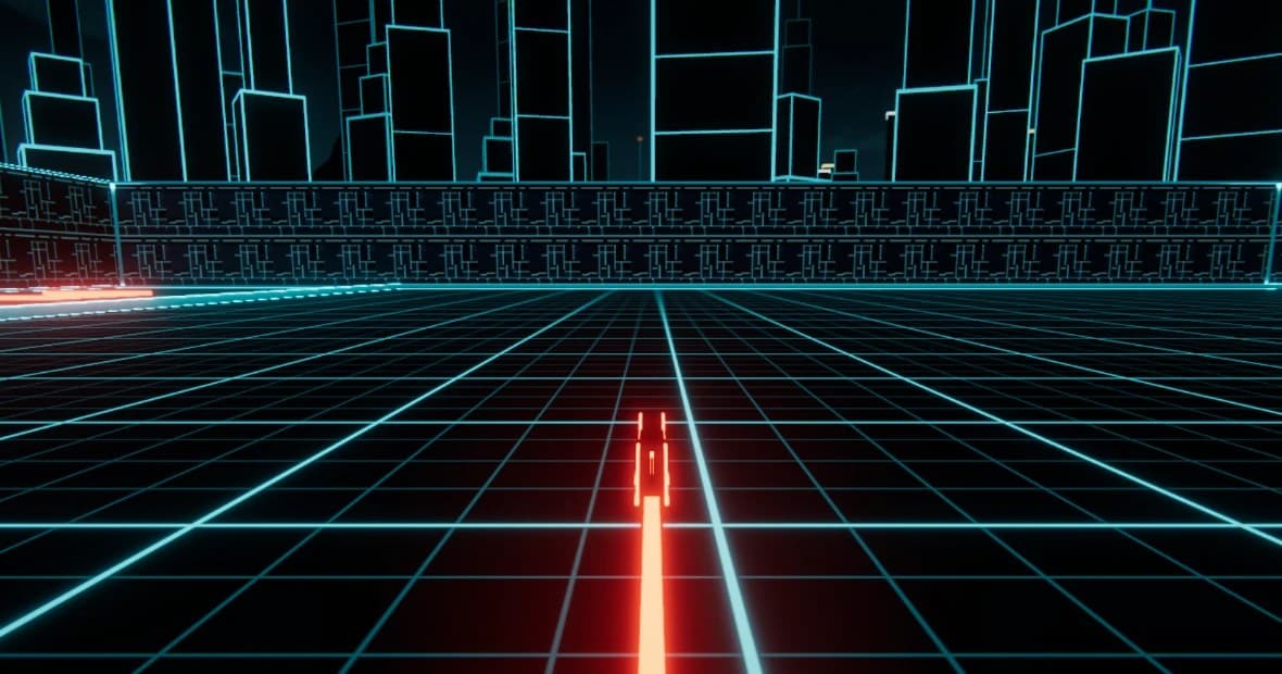 A rider leaving a red light trail across the Neon City grid, surrounded by wireframe skyscrapers