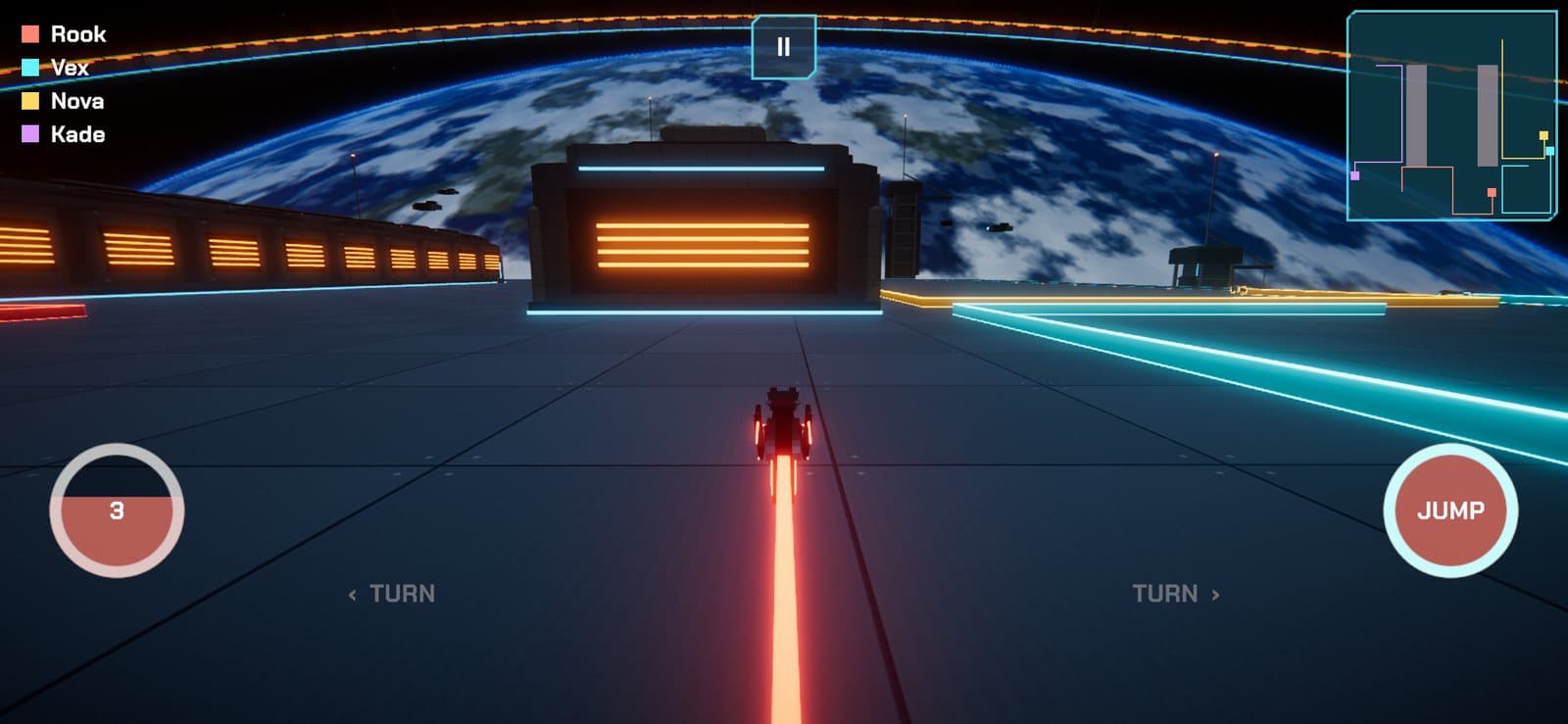 In-race view on Orbital Foundry with the rider list, minimap, and boost and jump buttons