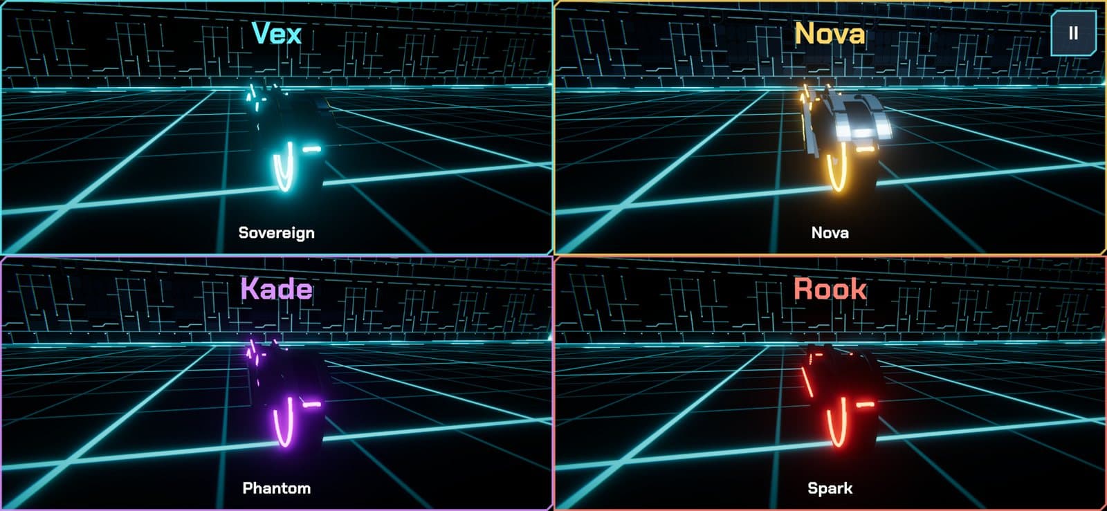 Split-screen introduction of four riders and their light-cycles before a race in Neon City
