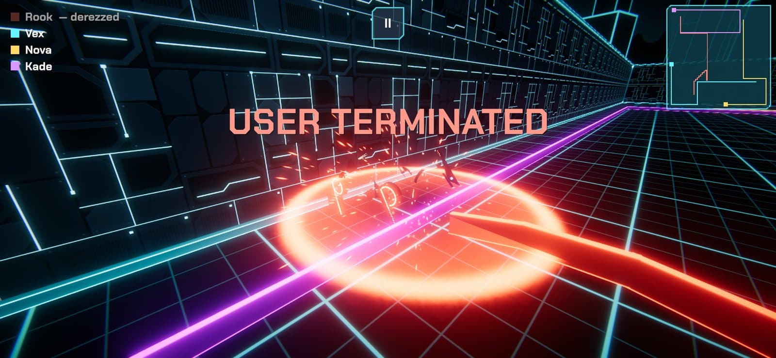 A light-cycle shattering against a wall with the words USER TERMINATED on screen